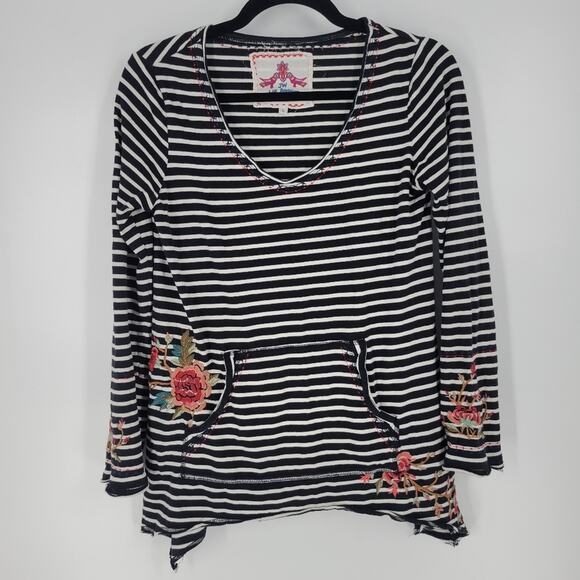Johnny Was Striped Floral Embroidered V Neck Kangaroo Pocket Blouse S - Picture 1 of 9